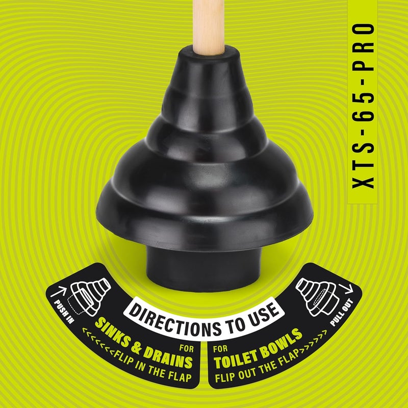 SteadMax XTS-65-PRO Heavy Duty Toilet Plunger, Commercial Grade, Powerful Double Thrust Force Rubber Cup with Wood Handle, for Clogged Bathroom, Shower, and Kitchen (22" x 5.75") - Image 4